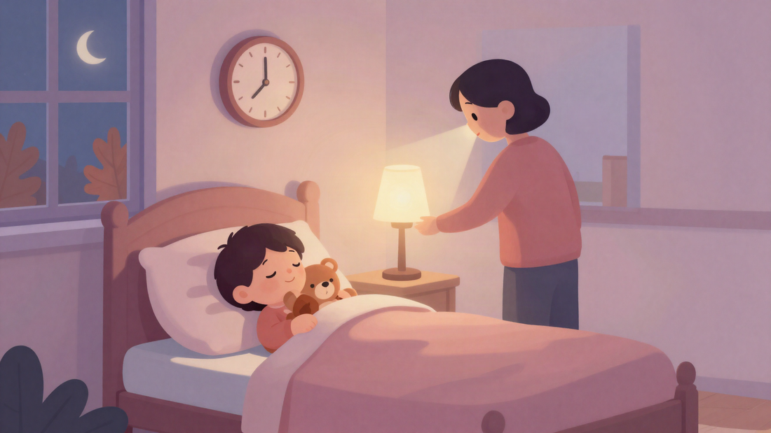 Ilustracija: otrok z medvedkom v postelji, starš zatemni luč, na steni ura