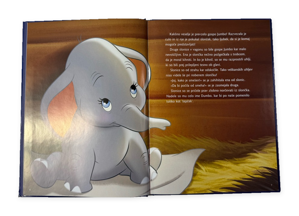 Dumbo: odprta knjiga, notranji strani 6 in 7 na belem ozadju