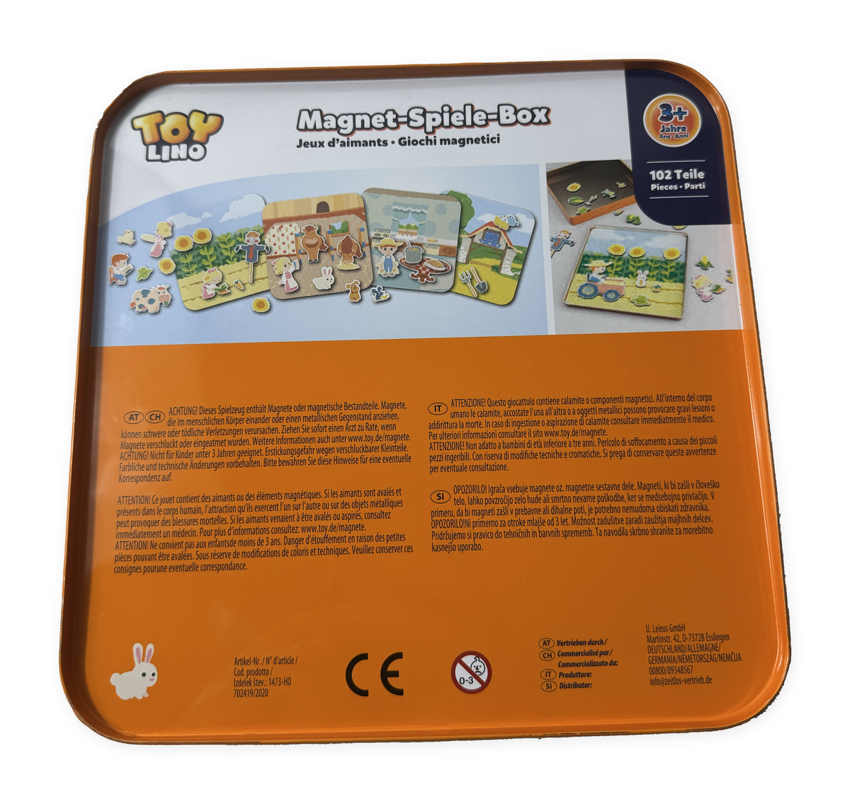 TOY LINO Magnet-Spiele-Box – zadnja stran embalaže z izvirno oznako 102 delov in starostjo 3+
