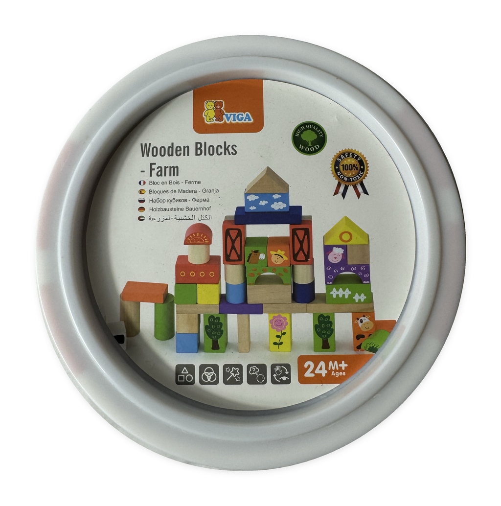 Pokrov vedra VIGA Wooden Blocks Farm z oznako 24 mesecev +