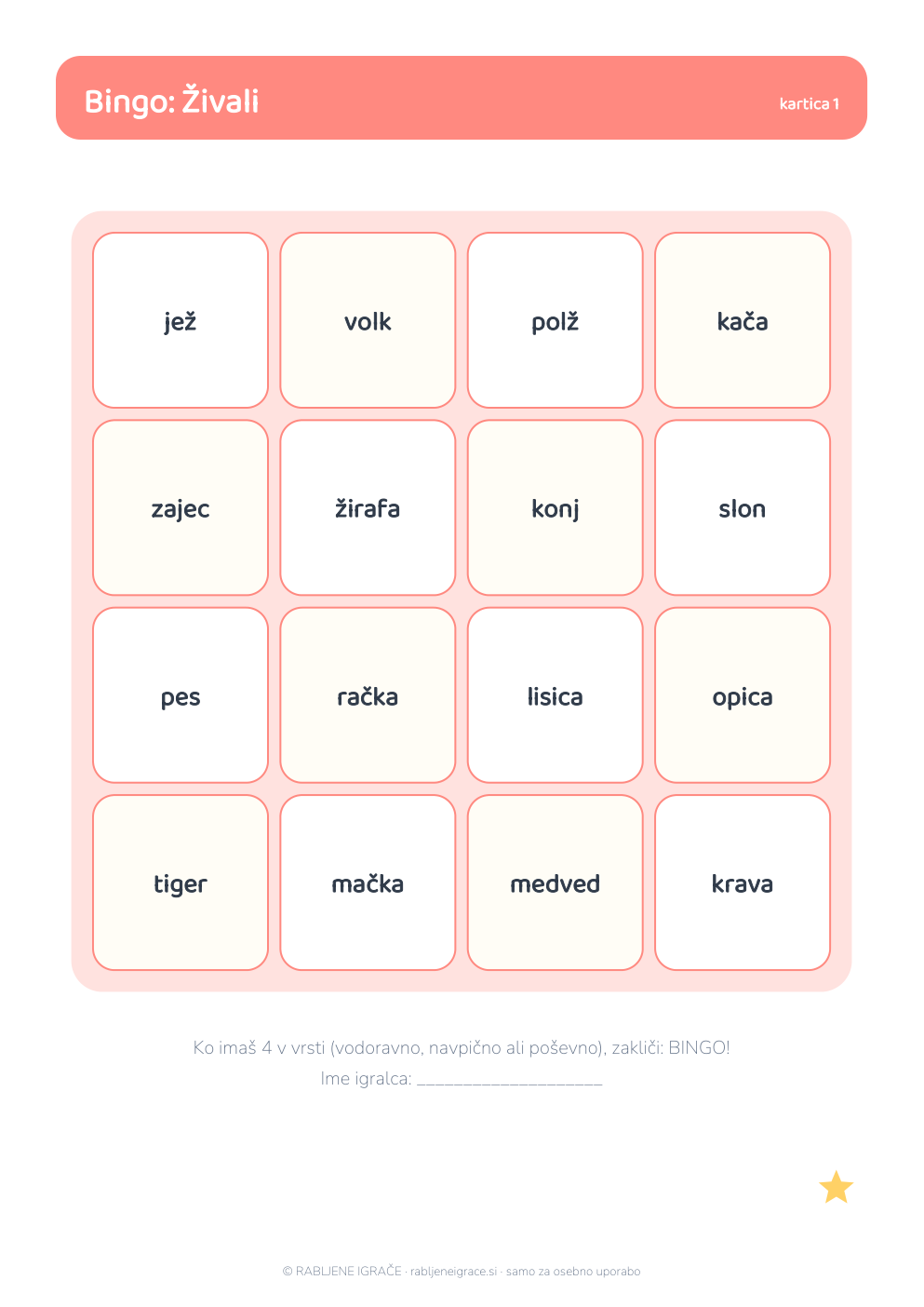Bingo kartica s temo Živali