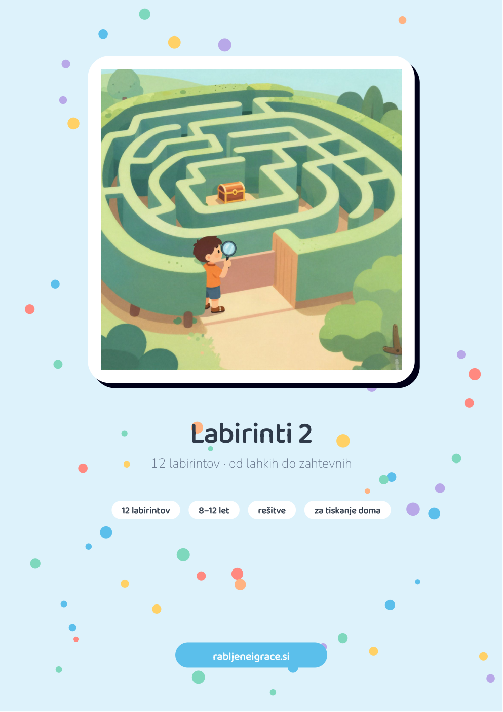 Labirinti 2 – naslovnica PDF-ja s težjimi labirinti za otroke 8–12 let
