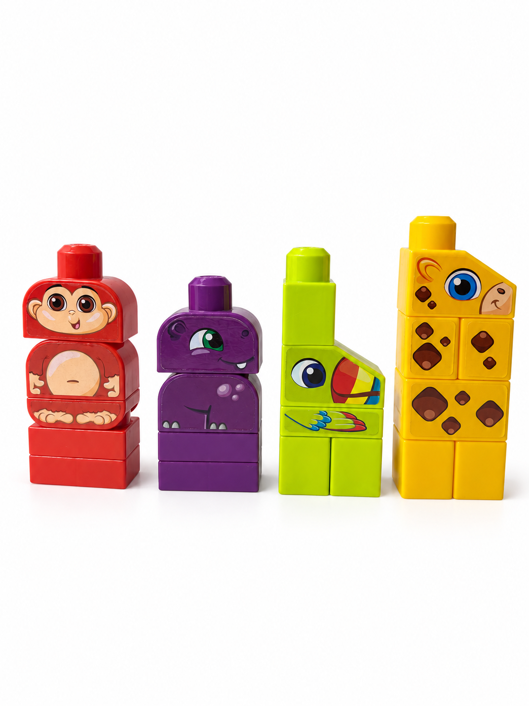 Kocke Mega Bloks, sestavljene v opico, povodnega konja, tukana in žirafo