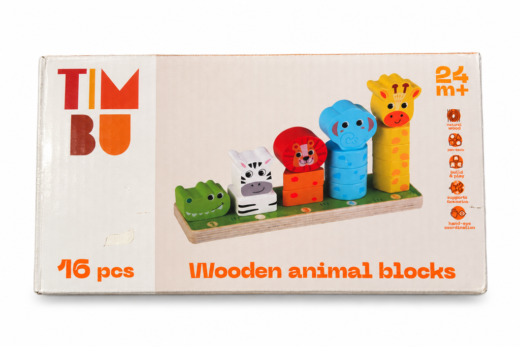 Embalaža lesene natikanke TIMBU Wooden animal blocks: 16 delov, starost 24 mesecev+