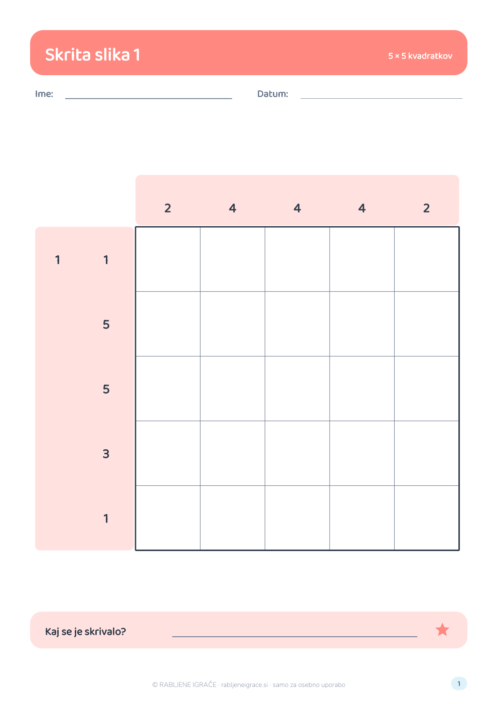 Nonogram 5 × 5 – skrita slika 1