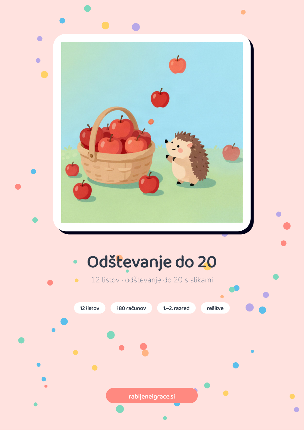 Naslovnica delovnih listov Odštevanje do 20 s slikami