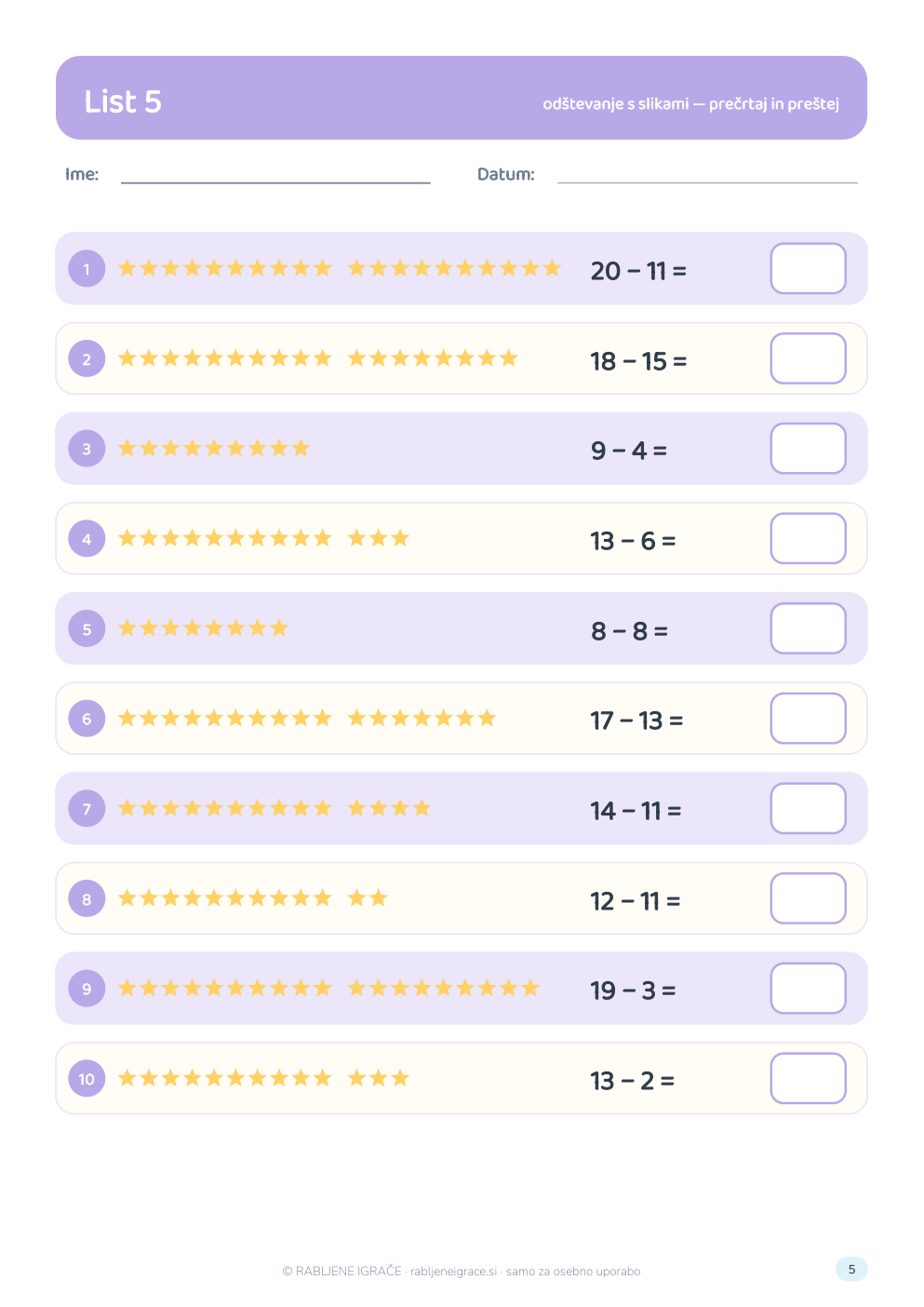 List z odštevanjem do 20 z zvezdicami