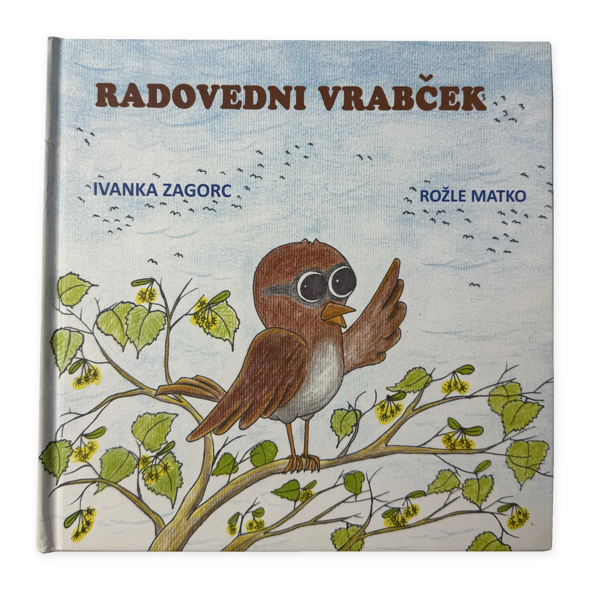 Radovedni vrabček – izvirna platnica z vidno obrabo hrbta in vogalov na belem ozadju