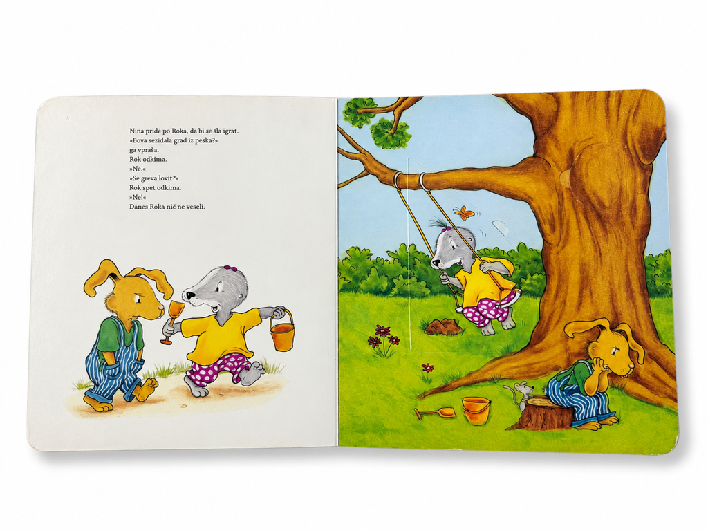 Odprta knjižica Rok je slabe volje – ilustracije zajčkov in zavihki
