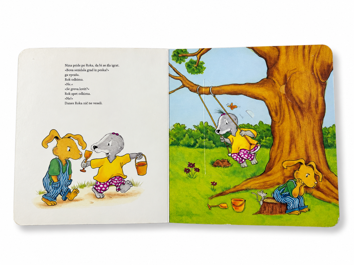 Odprta knjižica Rok je slabe volje – ilustracije zajčkov in zavihki