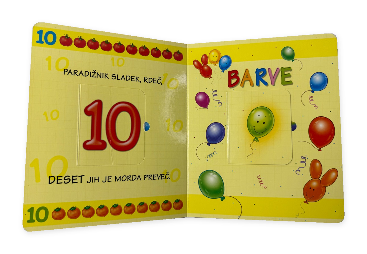 Števila in barve – odprta kartonka s številom 10 in barvami ter okenci, na belem ozadju