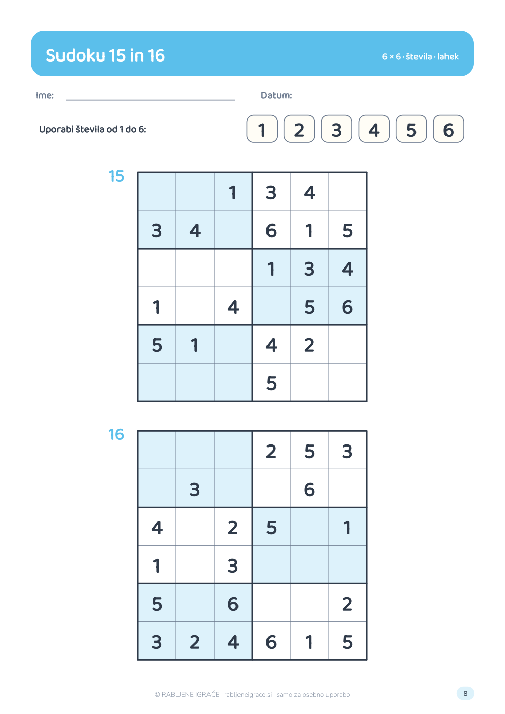 Sudoku 6×6 s števili
